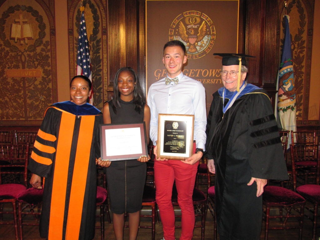 2017 Tropaia – Professor Hinkson, Victoria Efetevbia (2017 Senior Thesis Award Winner), Matthew Palmquist (2017 Hoggson Award Winner), and Professor McDonald