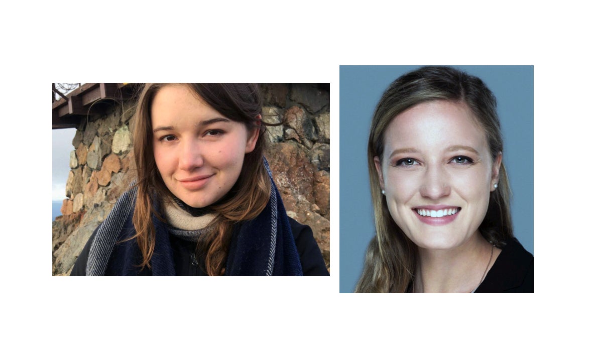 Helena Oft smiles against a stone house. Her photo is next to a photo of Charlotte Matthews smiling for a headshot