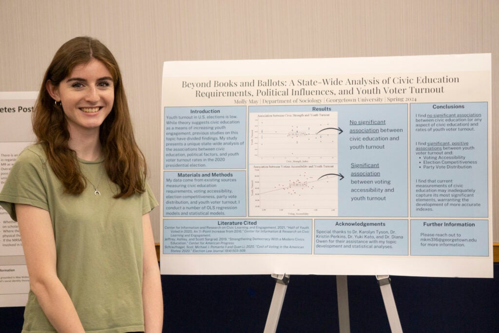 Senior Molly May poses in front of their presentation