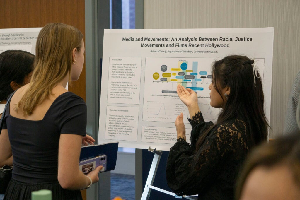 Senior Rebecca Truong discusses their presentation with fellow senior Isabel Shepherd